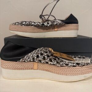 Gioseppo Platform Espadrilles Women 39 Pewter NWT Woven Leather Metallic Flatfor